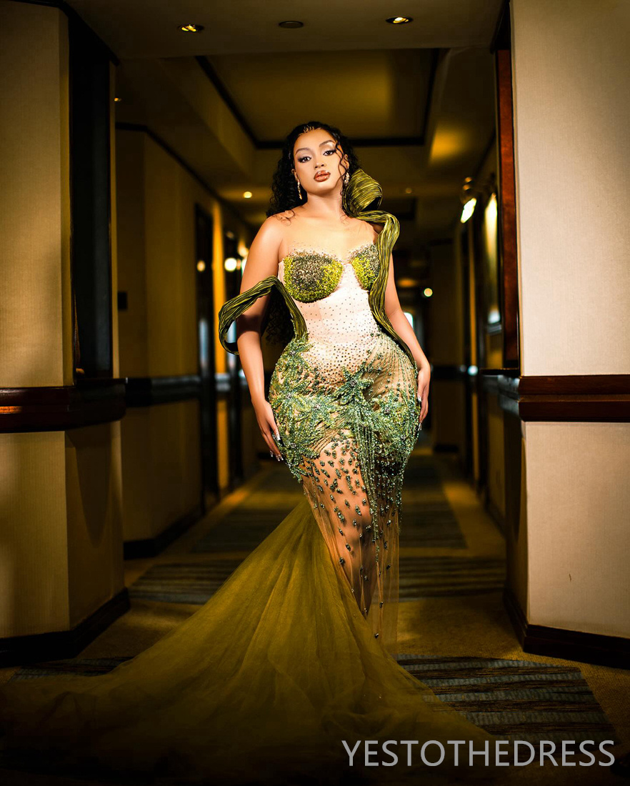 R&W 2024 Green Plus Size Prom for Special Ocns Sheer Neck Mermaid Illusion Promdress Evening Dresses Elegant Birthday Dress Second Reception Gowns AM1