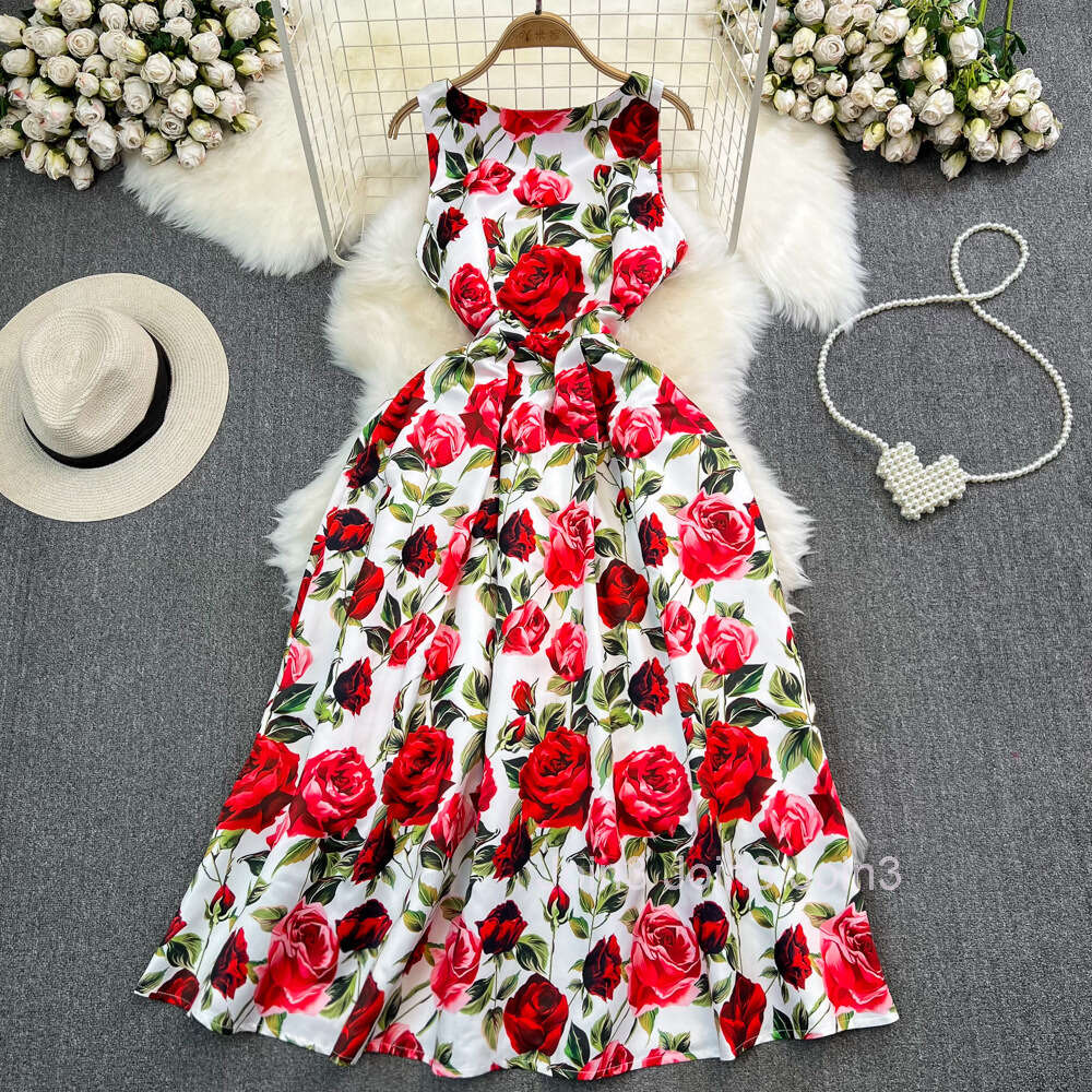 Light and mature style round neck sleeveless three-dimensional cutting waistband slim A-line printed dress elegant long skirt