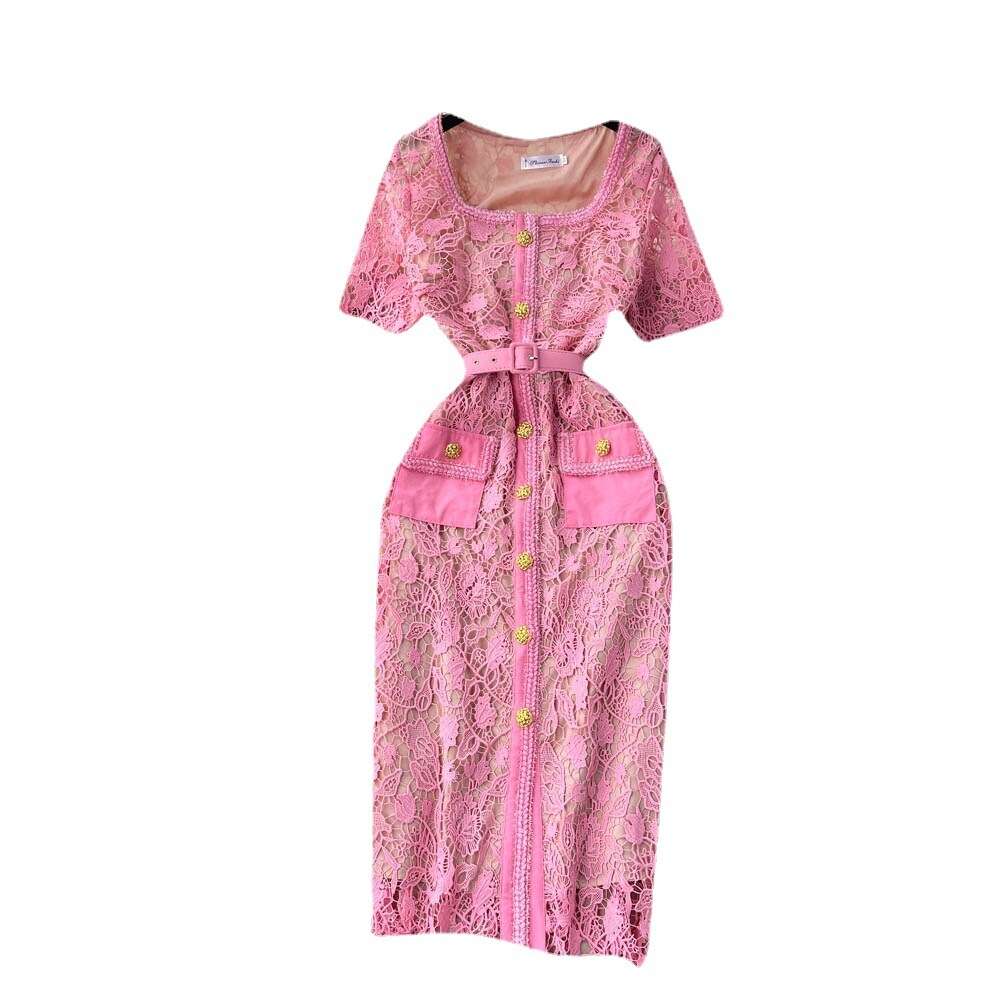 Celebrity Style Lace Square Neck Dress for Women in Summer Light Luxury Design Heavy Industry Embroidery Hollow out Small and High Class Dress