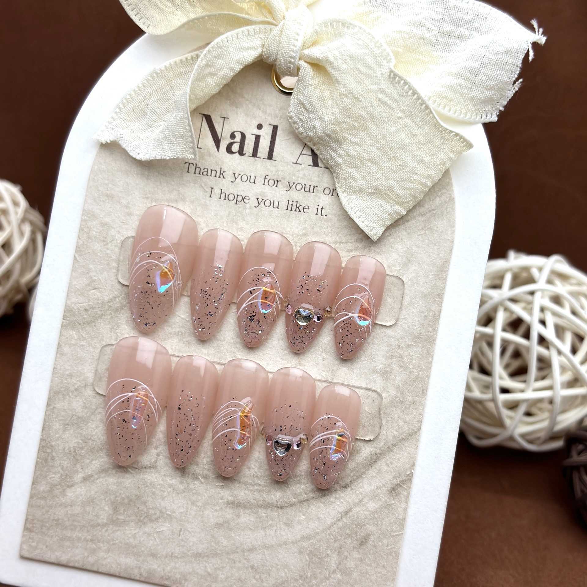 Girls False Nails Handmade Wearing Nail Patch Finished Pure Desire Opal Powder Simple Line High Grade Beauty Nail Patch 240530