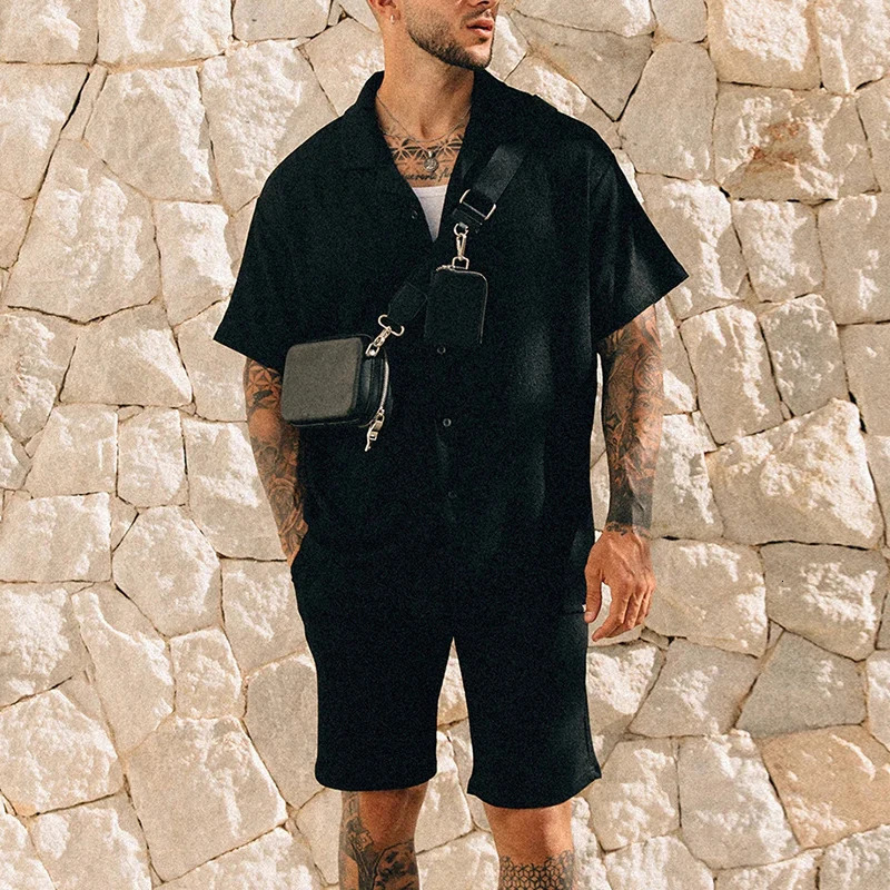 Leisure Mens Two Piece Set Short Sleeve Lapel Button Shirts And Shorts Beach Style Suits Men Summer Fashion Clothing Streetwear 240530
