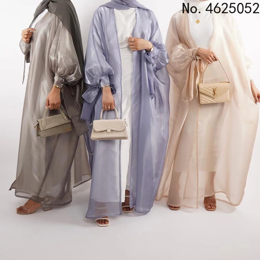 Eid Abaya Dubai Puff Sleeves Muslim Dress Silky Turkey Kaftans for WomenRobe Kimono Islam Abayas Femme Musulmane African 240529