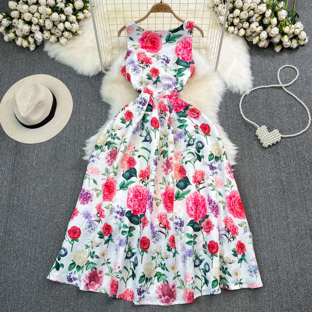 Light and mature style round neck sleeveless three-dimensional cutting waistband slim A-line printed dress elegant long skirt