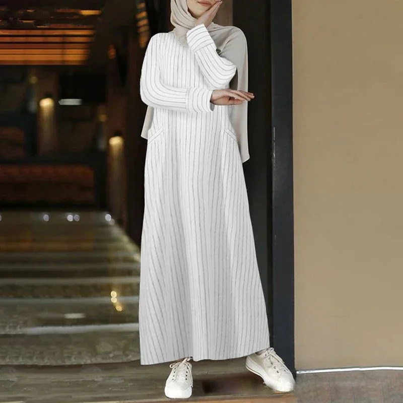 Female Muslim Long-sleeved Robe Cotton and Linen Striped Round Tie Pocket Long Skirt Casual Loose Street Womens Dress 240529