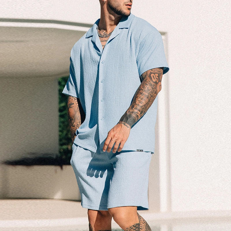 Leisure Mens Two Piece Set Short Sleeve Lapel Button Shirts And Shorts Beach Style Suits Men Summer Fashion Clothing Streetwear 240530