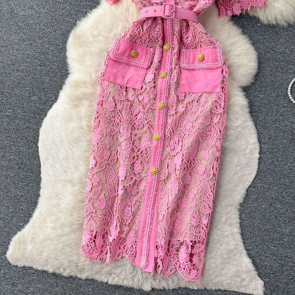 Celebrity Style Lace Square Neck Dress for Women in Summer Light Luxury Design Heavy Industry Embroidery Hollow out Small and High Class Dress