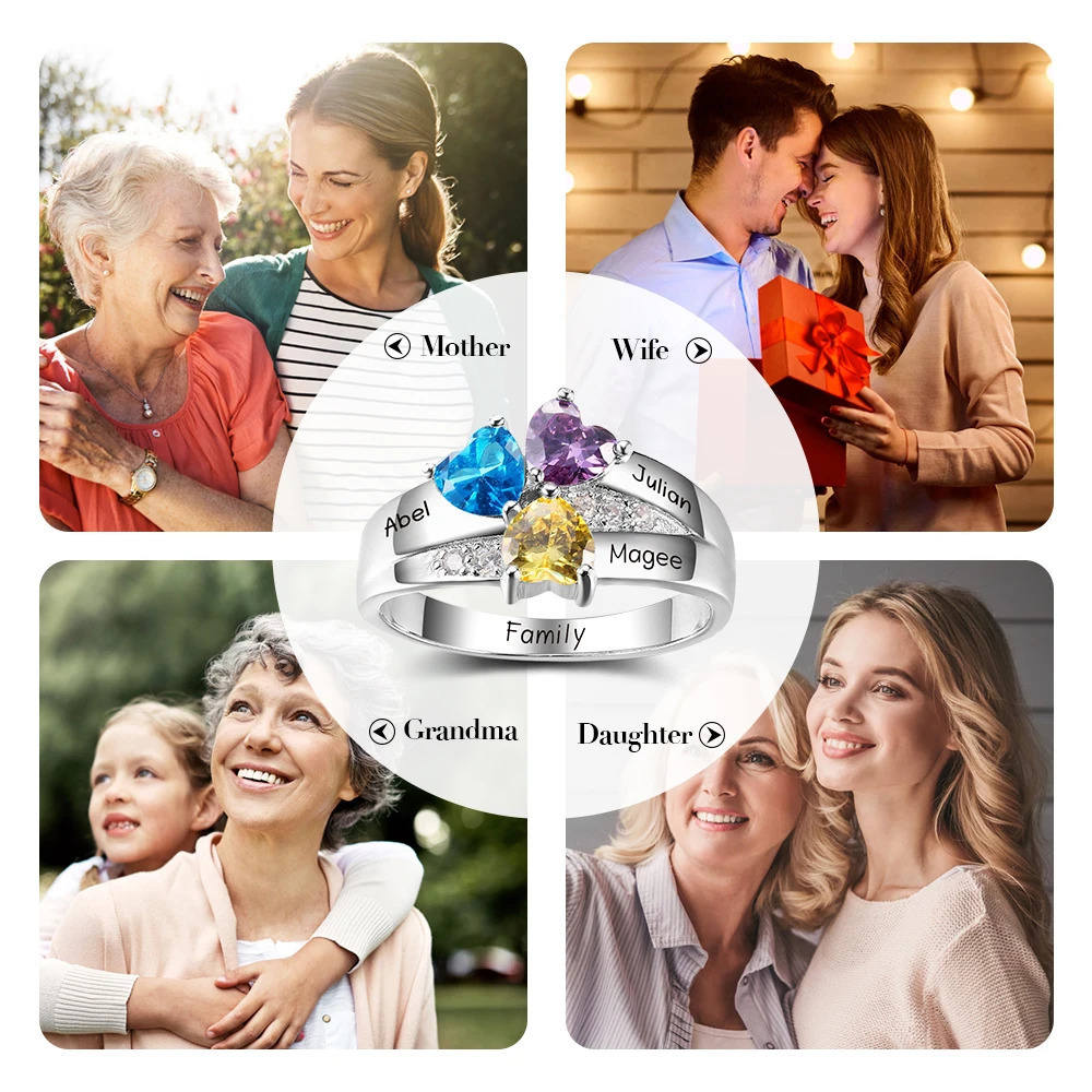 925 Sterling Silver Personalized Mothers Ring with 2-6 Heart Birthstone Custom Name Engagement Promise Rings for Women Grandma 240530