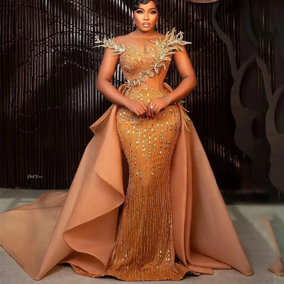African Dubai Exquisite Evening Dresses Shiny Sleeveless Mermaid Prom Dress Detachable Train Beading Crystal Formal Party Gowns 0618