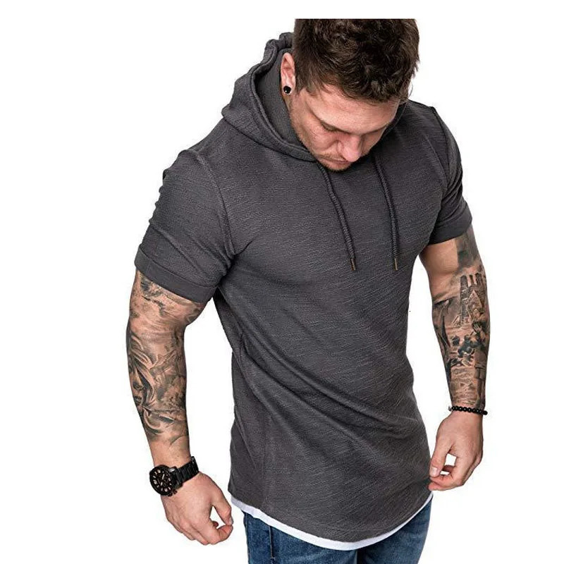 Summer Casual Sports T Shirt Hoodies Clothing for Men Mens Fashion Hooded Solid Color ShortSleeved Tshirt MY073 240601