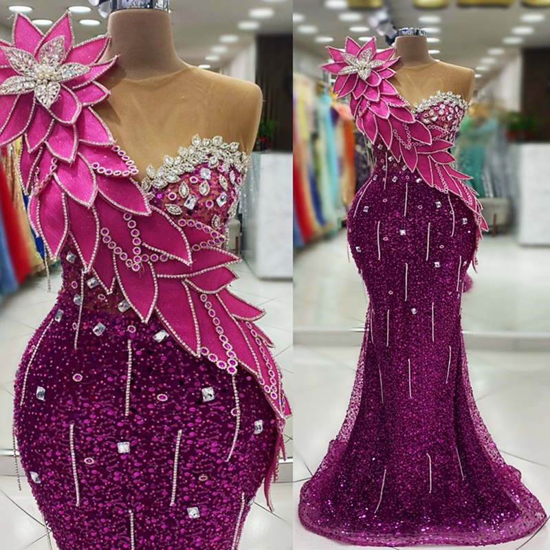 2024 Fuchsia Prom Dress Mermaid Promdress Sequined Lace Sheer Neck Beading Rhinestones Decorated Birthday Dress Vestido De Sorrie Second Reception Gow