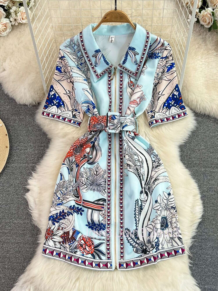 24ss Summer haute couture temperament short sleeved lapel with waistband for slimming positioning print A-line shirt dress
