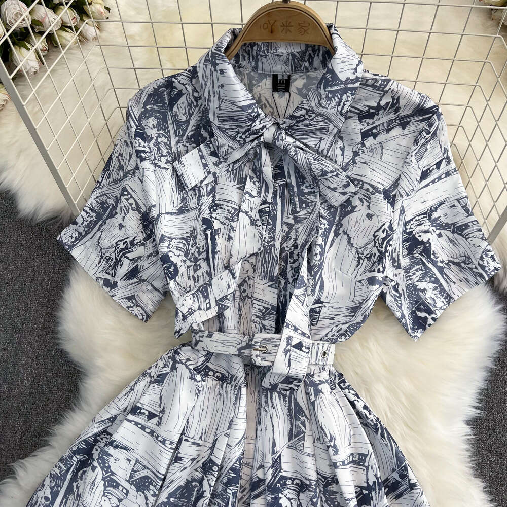 High quality short sleeved lapel with waistband and slim single breasted A-line printed shirt dress elegant large hem long skirt