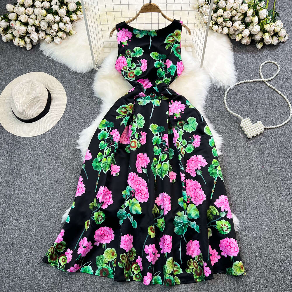 Light and mature style round neck sleeveless three-dimensional cutting waistband slim A-line printed dress elegant long skirt