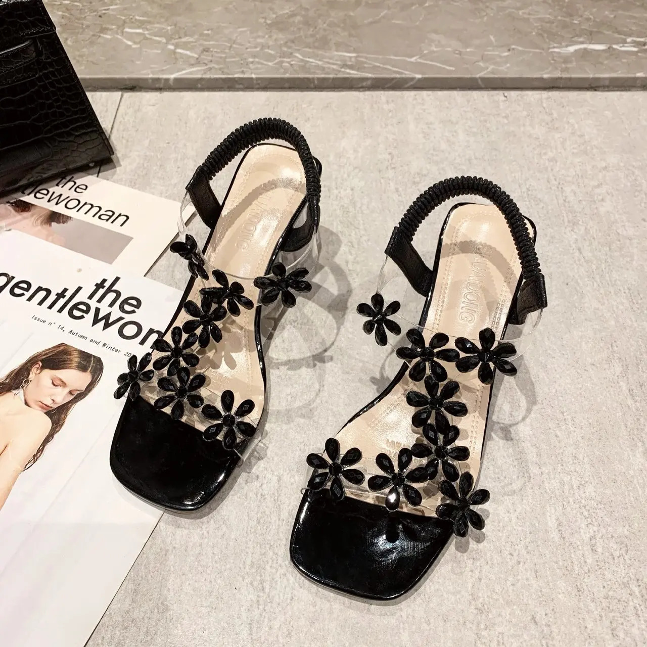 Summer Women Sandals Pvc Crystal Flower Decoration Chunky Heel Peep Toe Back Strap Elastic Band Elegant Fashion Shoes Ladies 240528