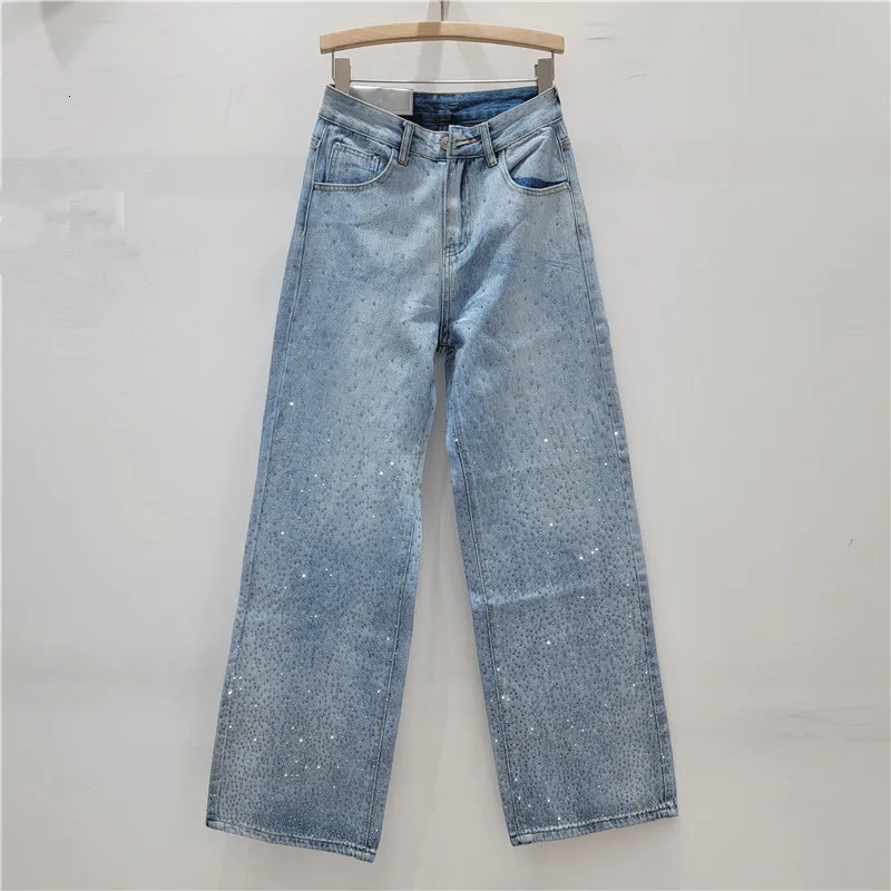 Rhinestone Black High Waist Jeans for Women Spring Autumn Loose AllMatching Straight Wide Leg Casual Mopping Pants 240601