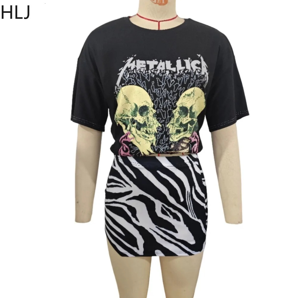 HLJ Fashion Y2K Streetwear Women Pattern Print Round Neck Short Sleeve Tshirt And Mini Skirts Two Piece Sets Summer 2pcs Outfits 240601