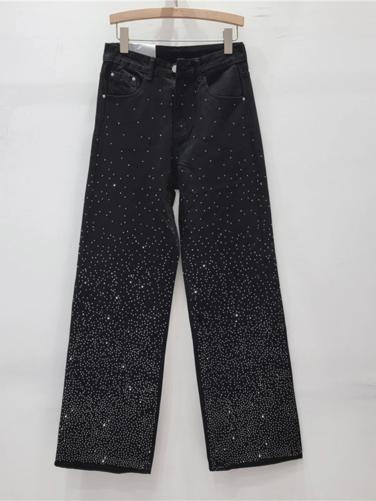 Rhinestone Black High Waist Jeans for Women Spring Autumn Loose AllMatching Straight Wide Leg Casual Mopping Pants 240601