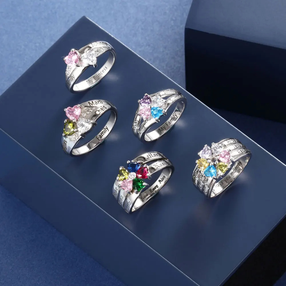 925 Sterling Silver Personalized Mothers Ring with 2-6 Heart Birthstone Custom Name Engagement Promise Rings for Women Grandma 240530