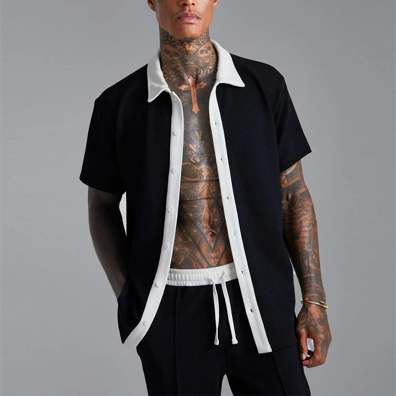 Fashion Patchwork Contrast Color Mens Two Piece Suit Casual Loose Short Sleeve Button Lapel Shirt And Shorts Set For Men Summer 240530