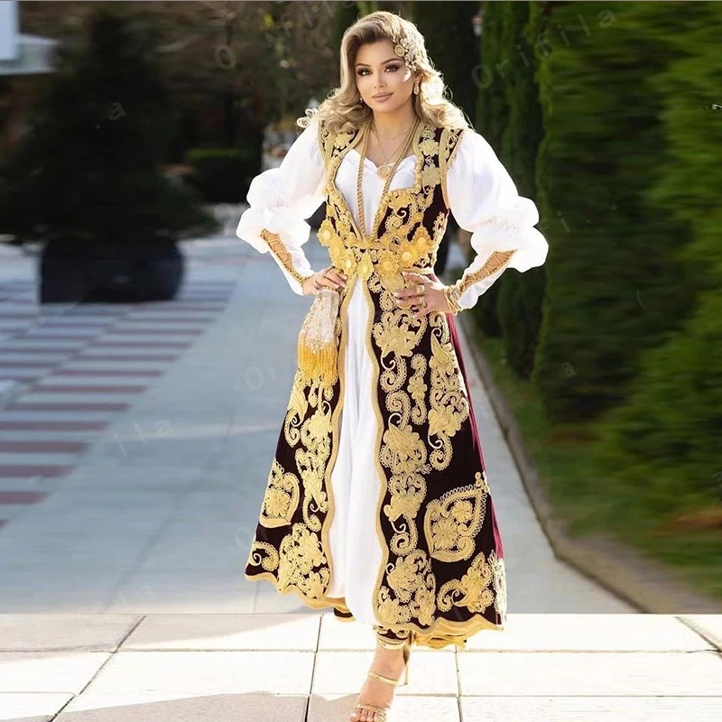 2024 Traditional Kosovo Albanian Evening Dress with jacket outfit burgundy gold lace detail ankle-length Serbian prom gowns