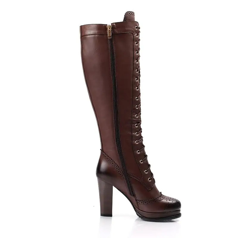 MORAZORA Plus size 3443 Genuine leather knee high boot lace up platform heels winter riding boots female shoes 240607