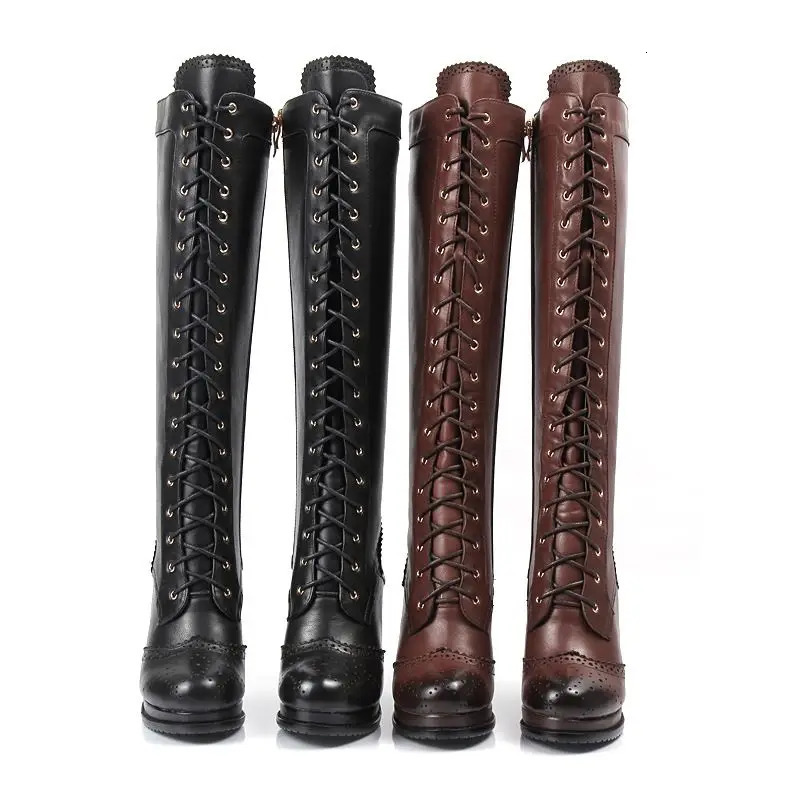 MORAZORA Plus size 3443 Genuine leather knee high boot lace up platform heels winter riding boots female shoes 240607