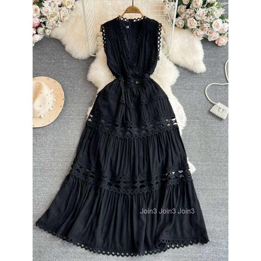 24ss Summer French Palace Style Hollow out Sexy Embroidery V-Neck Waistless Sleeveless Ruffle Edge Long Dress