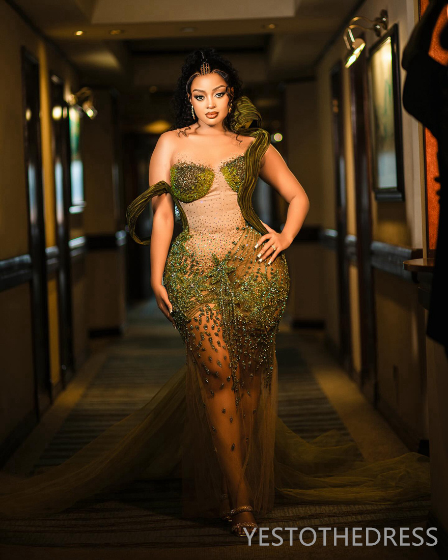 R&W 2024 Green Plus Size Prom for Special Ocns Sheer Neck Mermaid Illusion Promdress Evening Dresses Elegant Birthday Dress Second Reception Gowns AM1