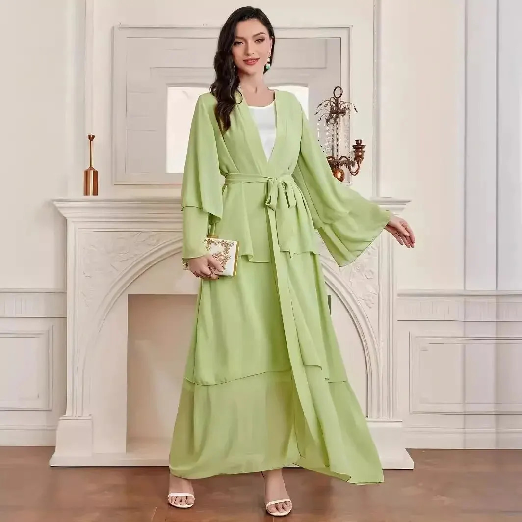 Middle East Classic Islamic Three-Layer Chiffon Cardigan Robe Dress without Headscarf 240529
