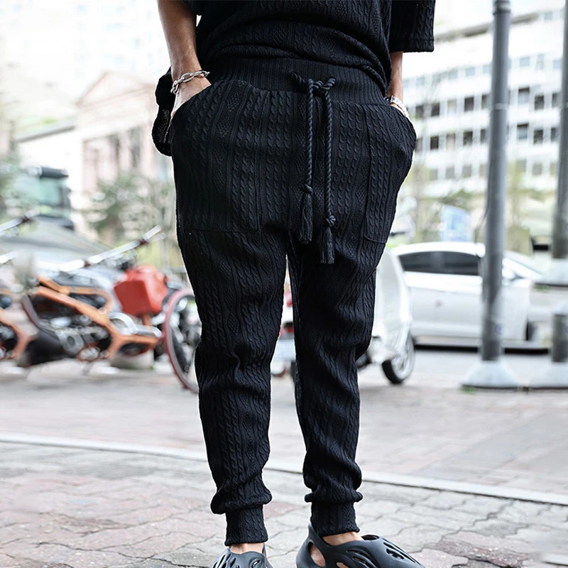 Spring Mens Knitted Two Piece Sets Casual Solid Color V Neck Sweater And Pants Knitting Outfits For Men Knitwear Streetwear 240530