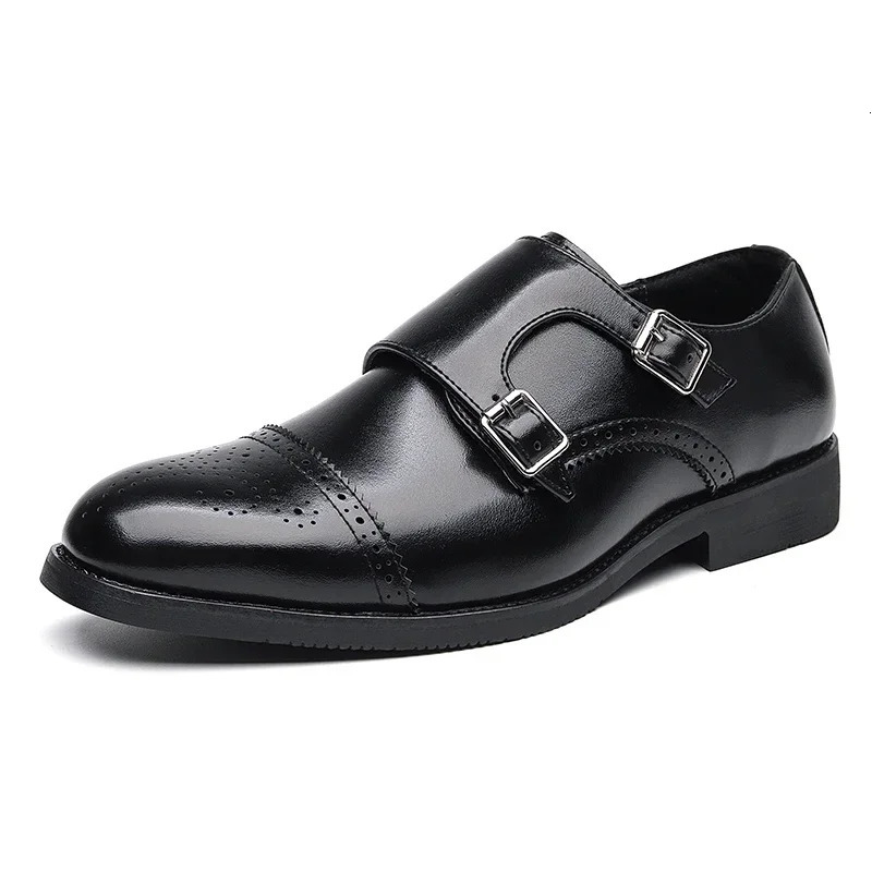 Mens British Business Dress Shoes Leather Formal Brogue Shoes Men Monks Shoes Double Buckle Oxfords Black Brown Wedding Shoes 240607