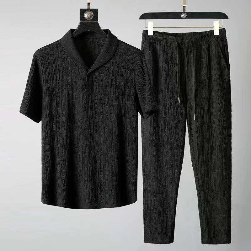 Sports Two Piece Mens Summer Streetwear Sets Casual Turn-down Collar Button Short Sleeve Tops And Trousers Suits Men Solid Suits 240530