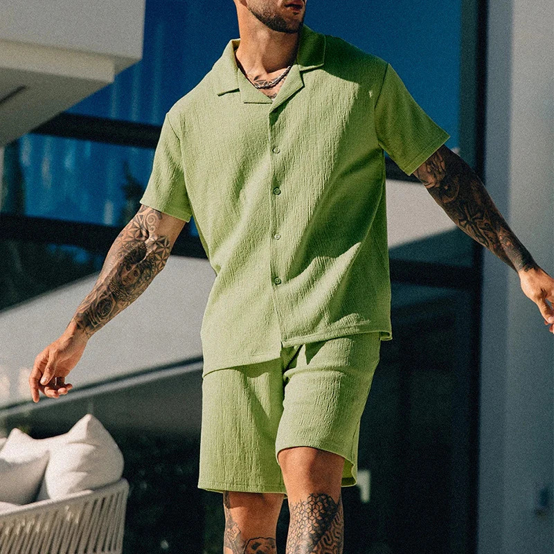 Leisure Mens Two Piece Set Short Sleeve Lapel Button Shirts And Shorts Beach Style Suits Men Summer Fashion Clothing Streetwear 240530