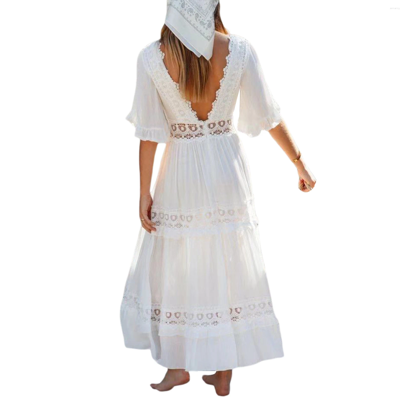 Casual Dresses Women Fashion Lace Backless Dress Stylish Ruffle Sleeve Vacation For Lades Female