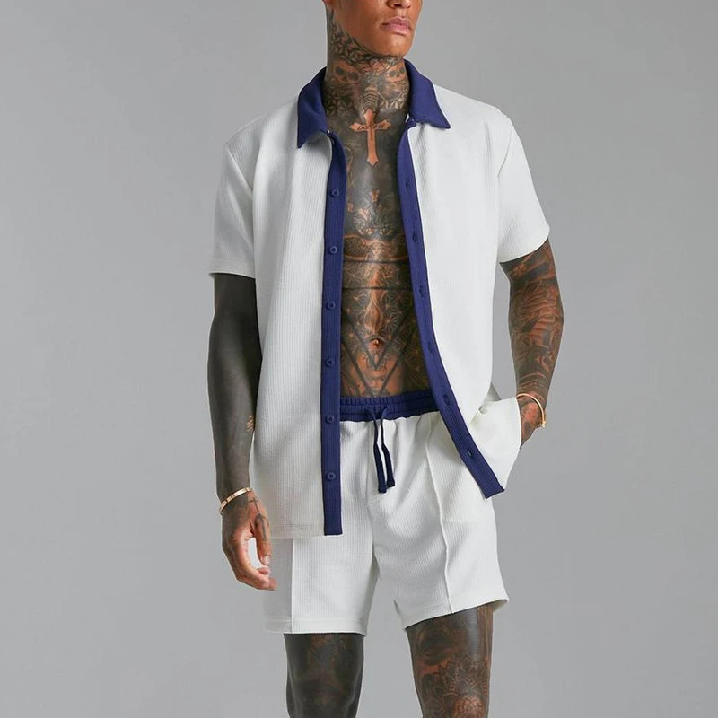 Fashion Patchwork Contrast Color Mens Two Piece Suit Casual Loose Short Sleeve Button Lapel Shirt And Shorts Set For Men Summer 240530