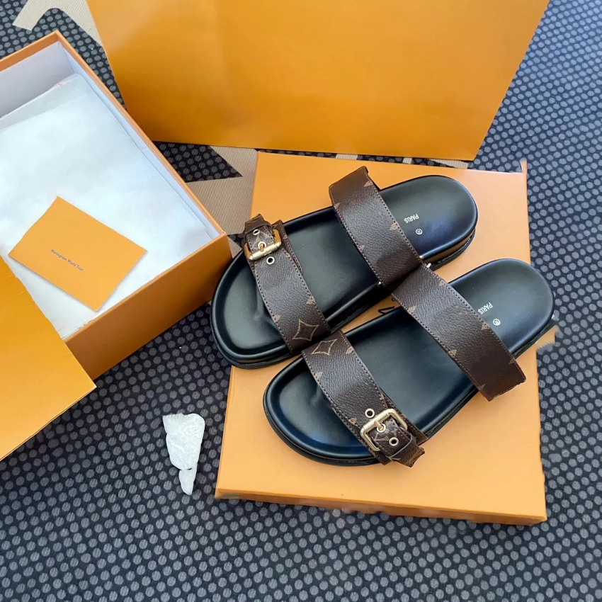 Designer Slipper BOM DIA Flat Mule COMFORT Sandal Luxury Slipper Leather Shoe Floral Denim Slide Brown Summer Rubber Beach Shoes Loafer Travel Flip Flops Size 35-45