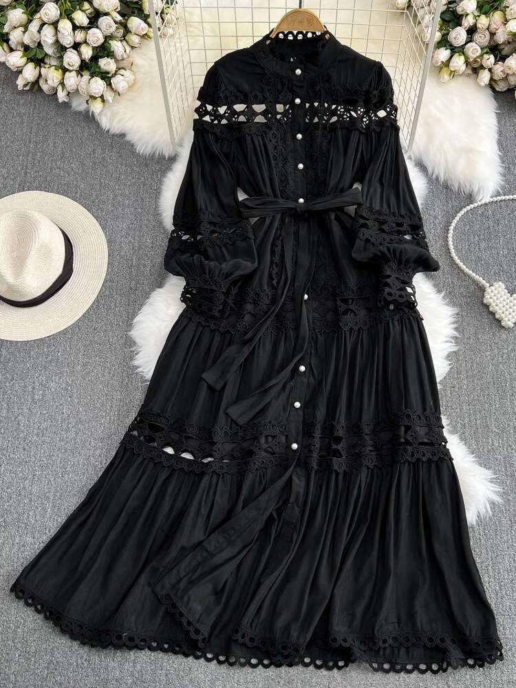 Courtyard style lantern long sleeved standing collar with waistband A-line hollowed out single breasted dress elegant dress long skirt