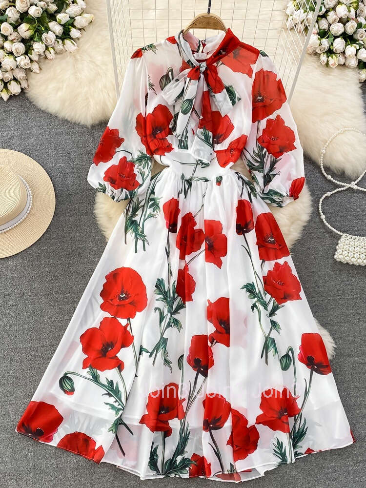 French Hepburn Bow Tie Up Waist Slim A-line Printed Chiffon Dress Elegant Large Swing Long Dress