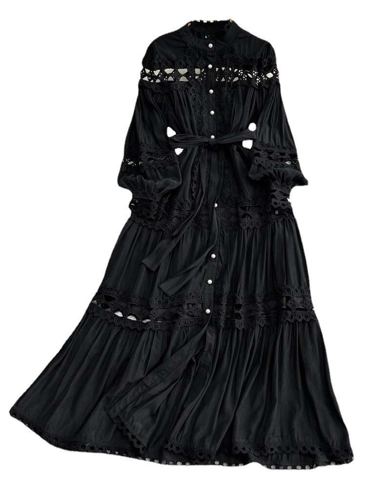 Courtyard style lantern long sleeved standing collar with waistband A-line hollowed out single breasted dress elegant dress long skirt