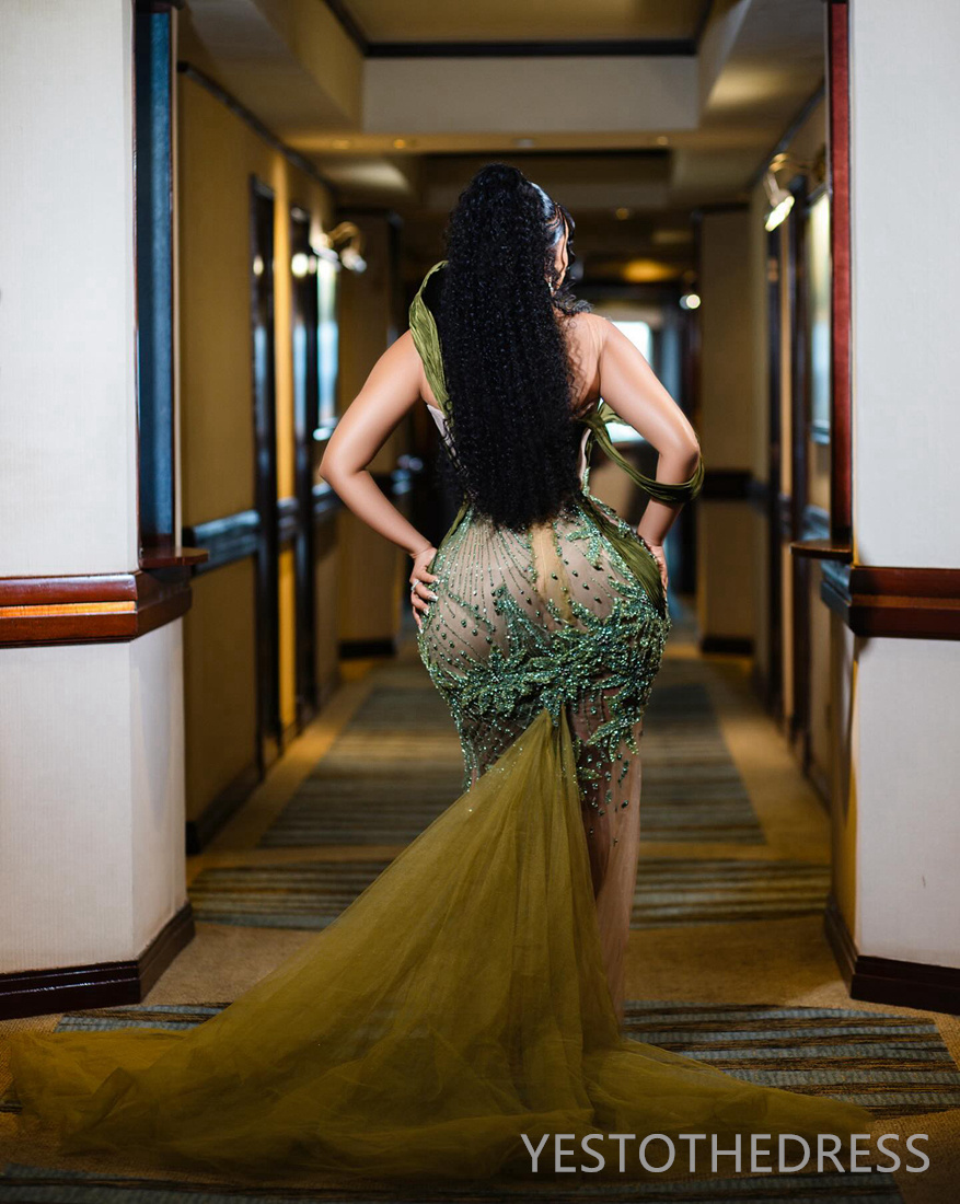 R&W 2024 Green Plus Size Prom for Special Ocns Sheer Neck Mermaid Illusion Promdress Evening Dresses Elegant Birthday Dress Second Reception Gowns AM1