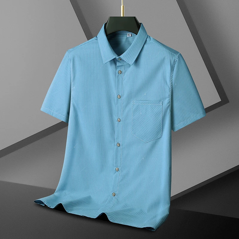 Size XL-8XL Summer Plus Size Mens Striped Short Sleeve Shirt Stretch Half Sleeve Business Daily Shirt8XL-fits 145kg 240530