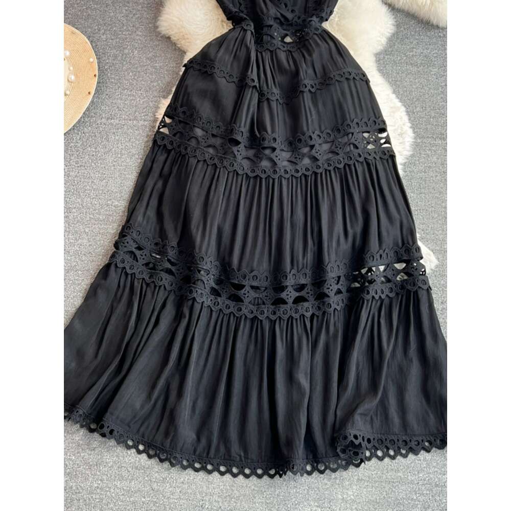 24ss Summer French Palace Style Hollow out Sexy Embroidery V-Neck Waistless Sleeveless Ruffle Edge Long Dress