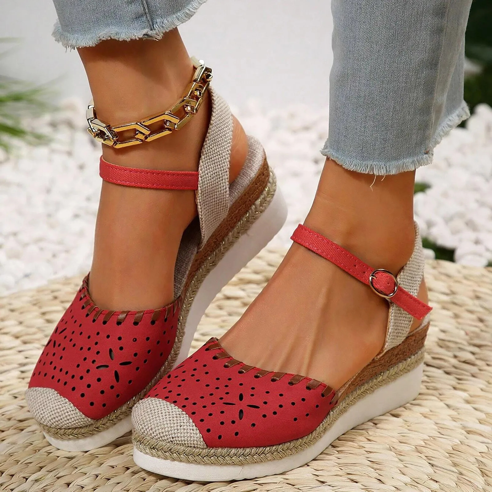 Vacation Classical Shoes For Women Hollow Out Espadrille Ankle Strap Womens Sandals Anti-Slip Wedge Sandals Women Shoes 240528