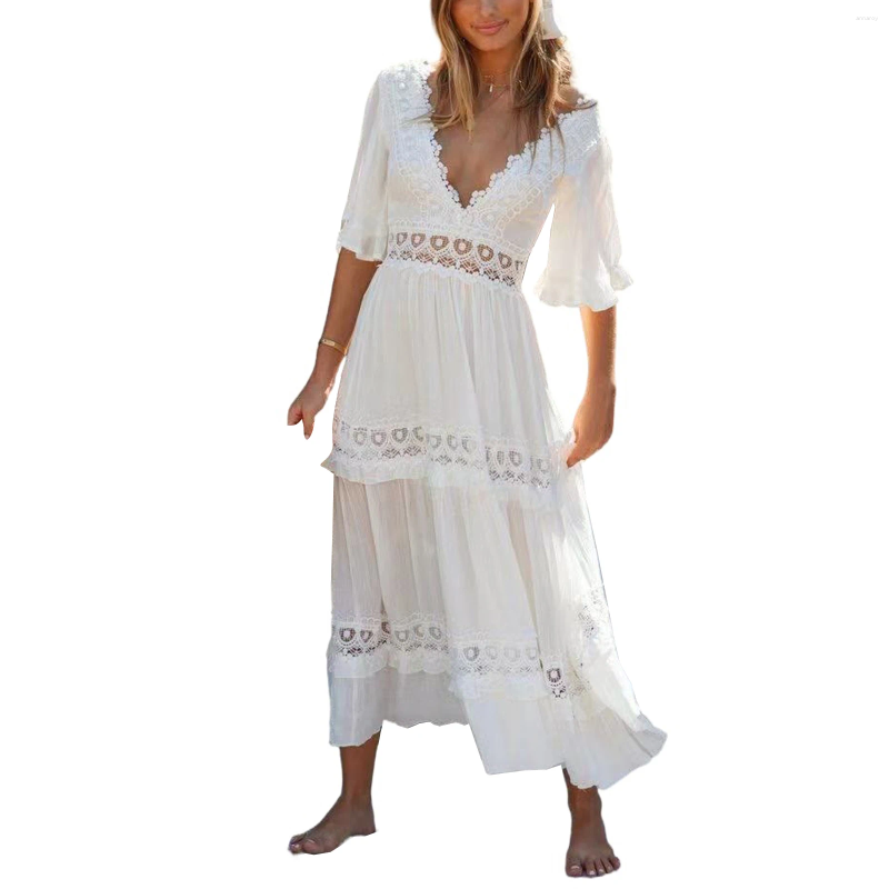 Casual Dresses Women Fashion Lace Backless Dress Stylish Ruffle Sleeve Vacation For Lades Female