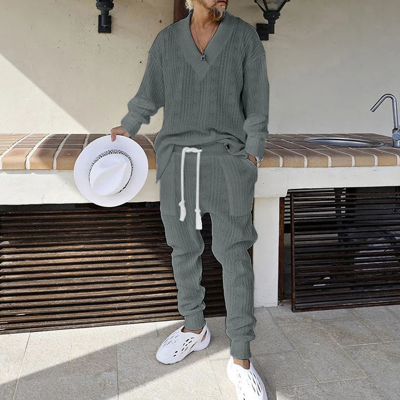 Spring Mens Knitted Two Piece Sets Casual Solid Color V Neck Sweater And Pants Knitting Outfits For Men Knitwear Streetwear 240530