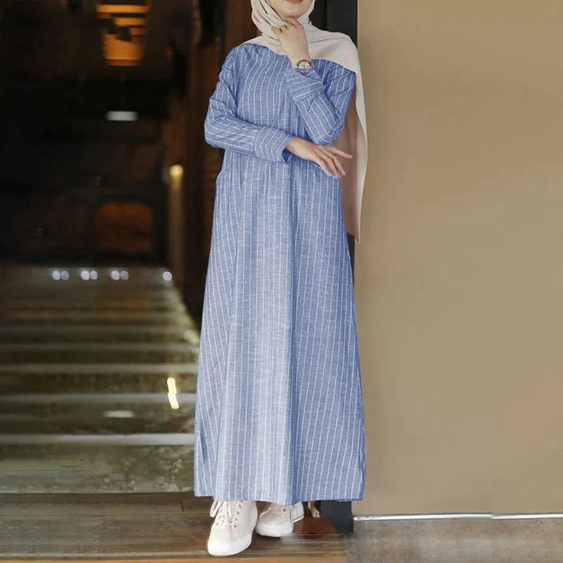 Female Muslim Long-sleeved Robe Cotton and Linen Striped Round Tie Pocket Long Skirt Casual Loose Street Womens Dress 240529