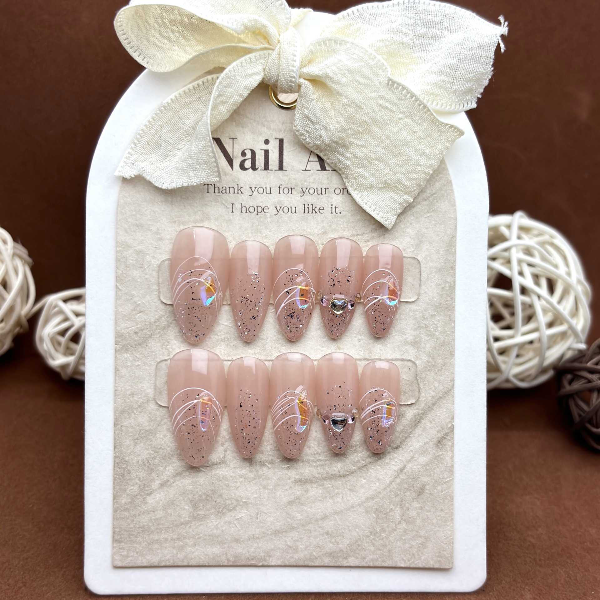 Girls False Nails Handmade Wearing Nail Patch Finished Pure Desire Opal Powder Simple Line High Grade Beauty Nail Patch 240530