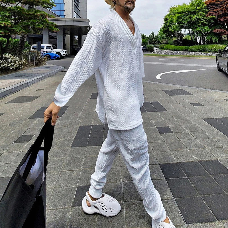 Spring Mens Knitted Two Piece Sets Casual Solid Color V Neck Sweater And Pants Knitting Outfits For Men Knitwear Streetwear 240530