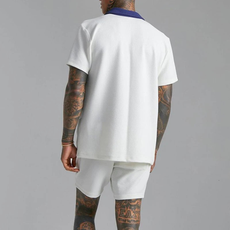 Fashion Patchwork Contrast Color Mens Two Piece Suit Casual Loose Short Sleeve Button Lapel Shirt And Shorts Set For Men Summer 240530