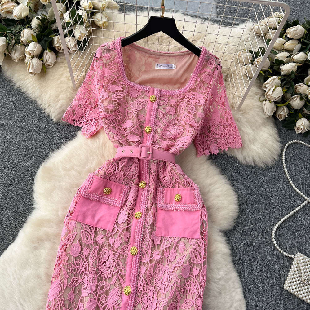 Celebrity Style Lace Square Neck Dress for Women in Summer Light Luxury Design Heavy Industry Embroidery Hollow out Small and High Class Dress